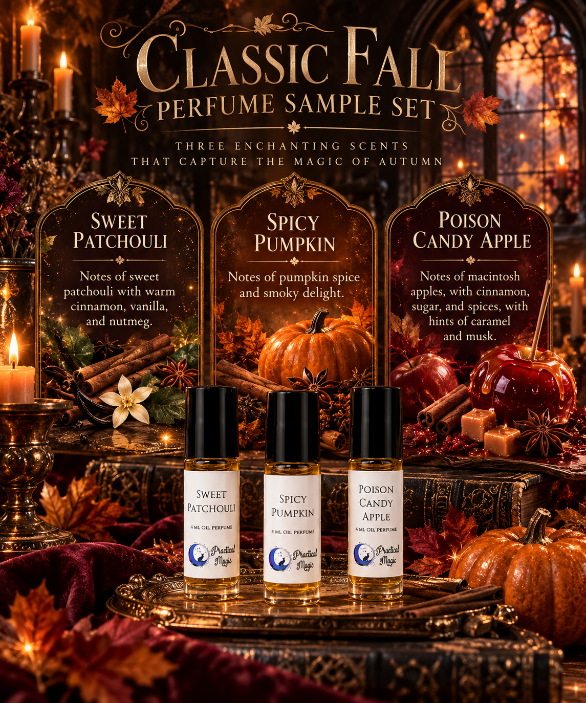 Seasonal sampler of Practical Magic's classic fall perfume oil for women, featuring sweet floral musk scent in a 10ml roll-on bottle.