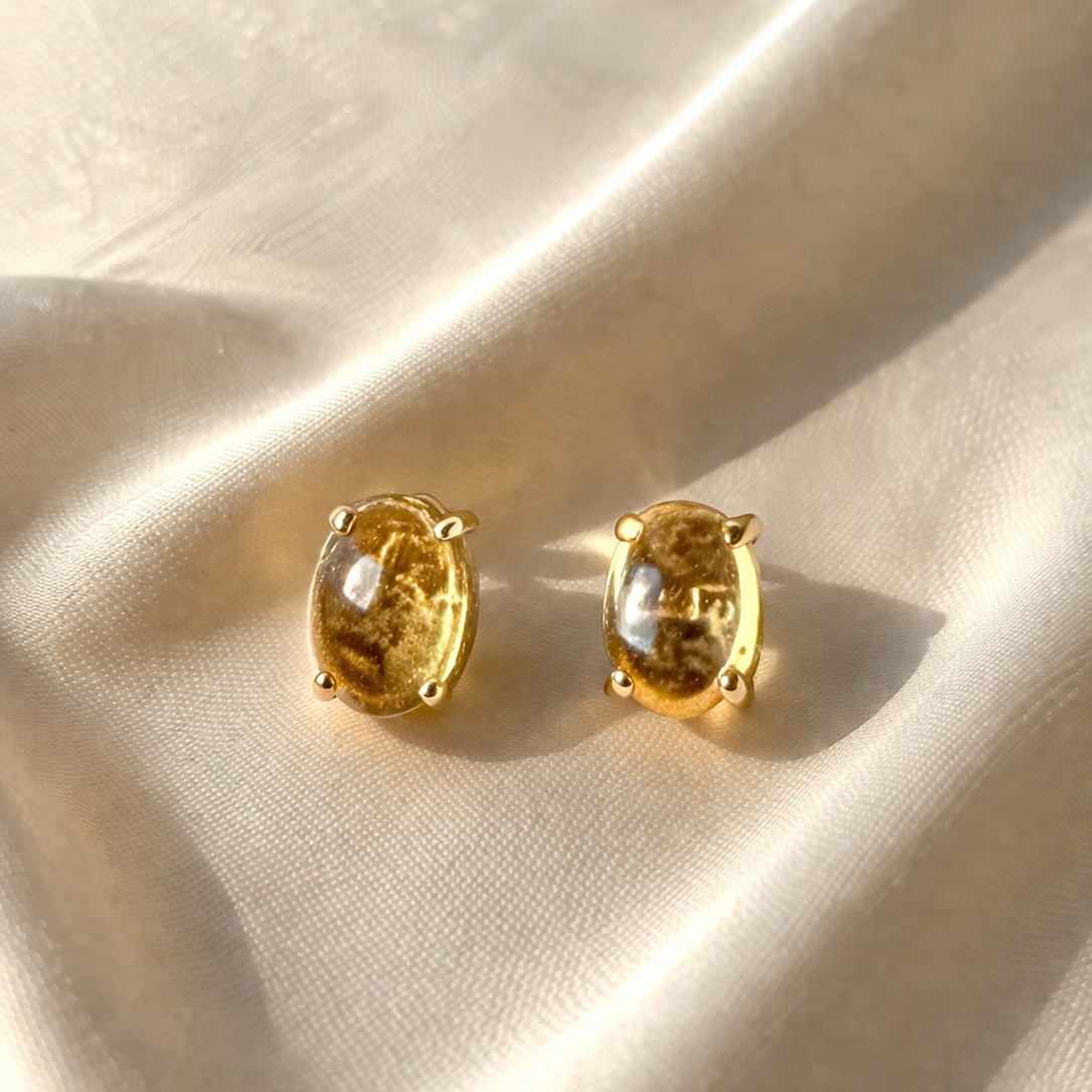 Citrine 925 sterling silver stud earrings with crystal energy design, featuring vibrant yellow-orange gemstones.