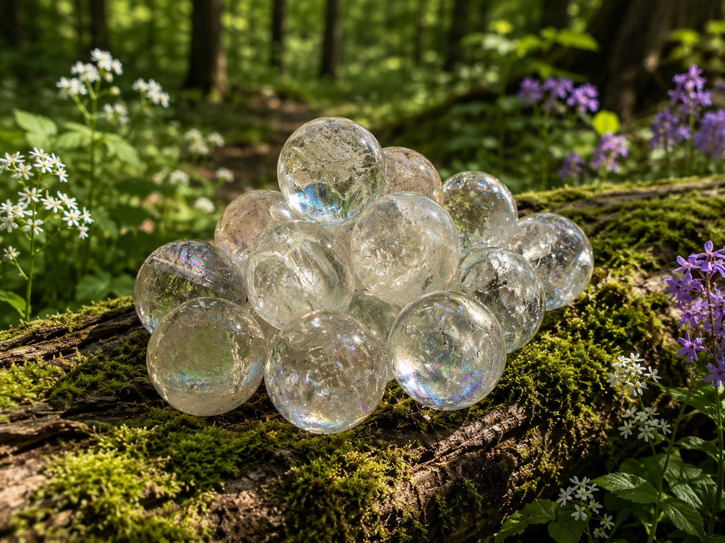 Clear crackle quartz mini sphere from 1 Practical Magic Store, showcasing a smooth, transparent crystal with crackle patterns.