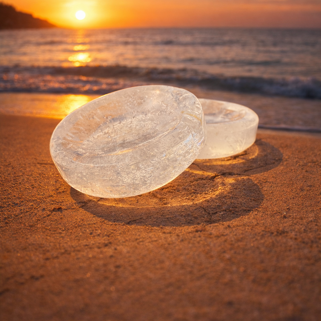 Tumbled and polished clear quartz dish with smooth, rounded stones displayed on a neutral background.