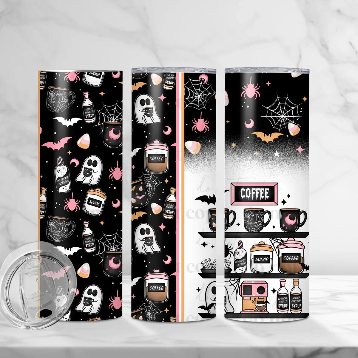 Spooky Coffee 20 oz skinny tumbler by Anchored Grace Boutique with Halloween-themed design and stainless steel body.