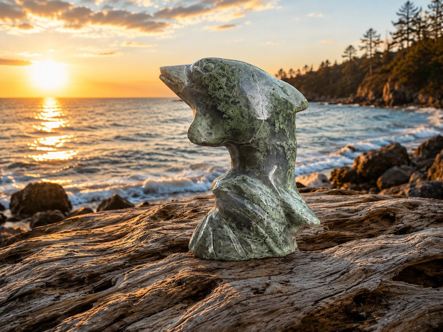 Moss agate dolphin gemstone figurine with intricate patterns, showcasing natural green and brown stone details.