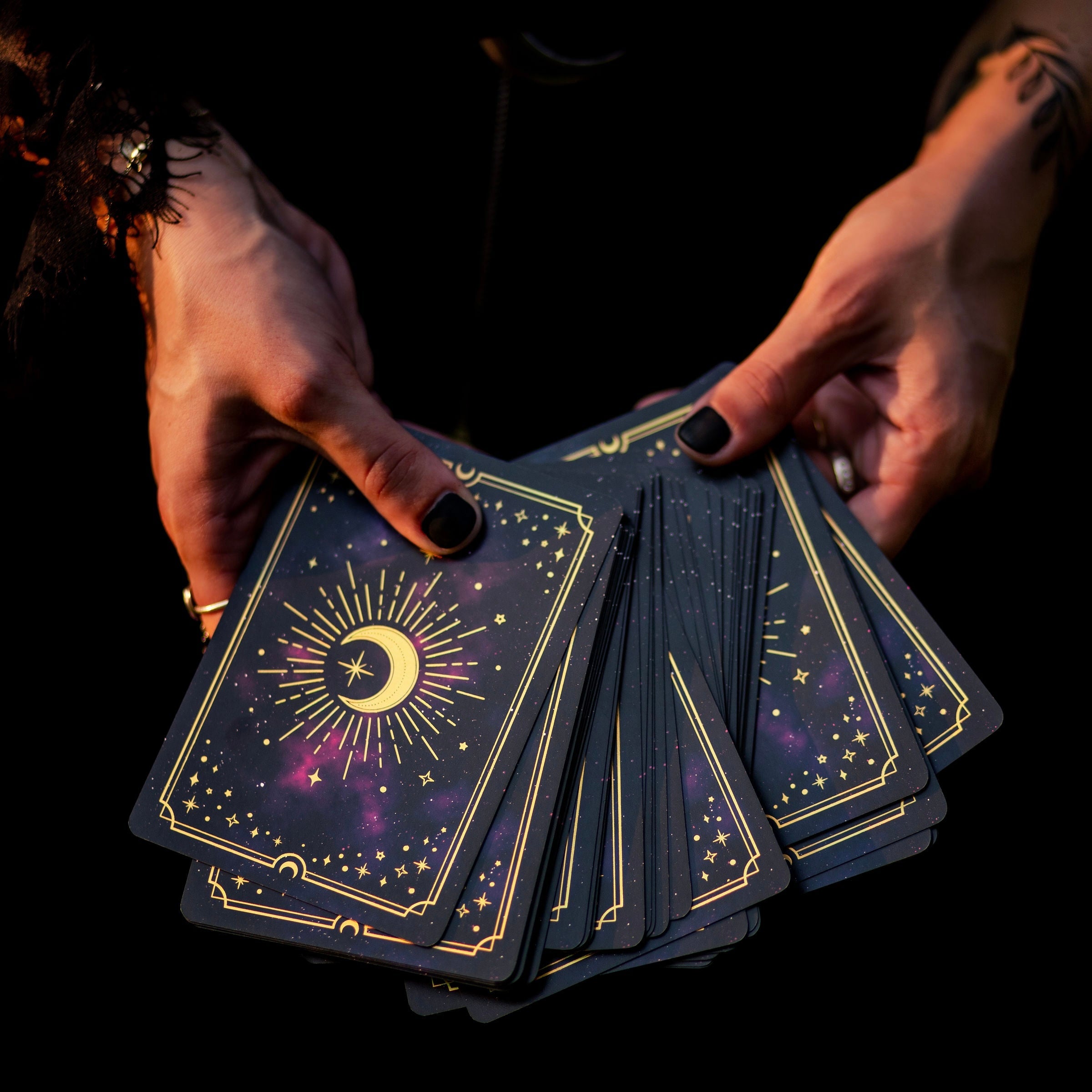 Gold Crystal Affirmations Golden Aura Edition Card Deck by Moonstruck Crystals, featuring colorful affirmation cards with gold accents.