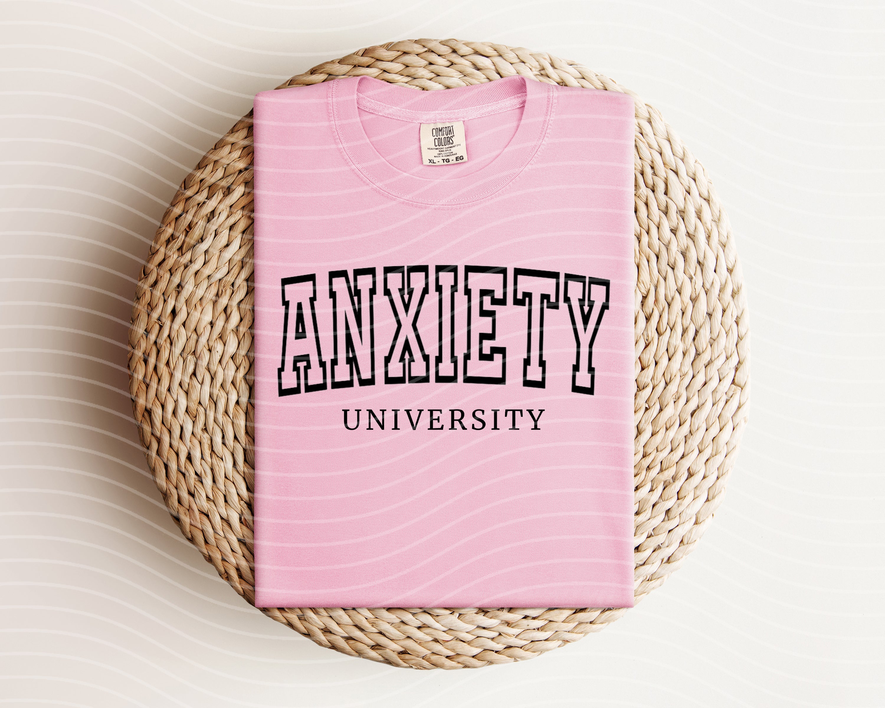 Anxiety University graphic tee by Anchored Grace Boutique featuring a stylish, casual design with printed text on soft fabric.