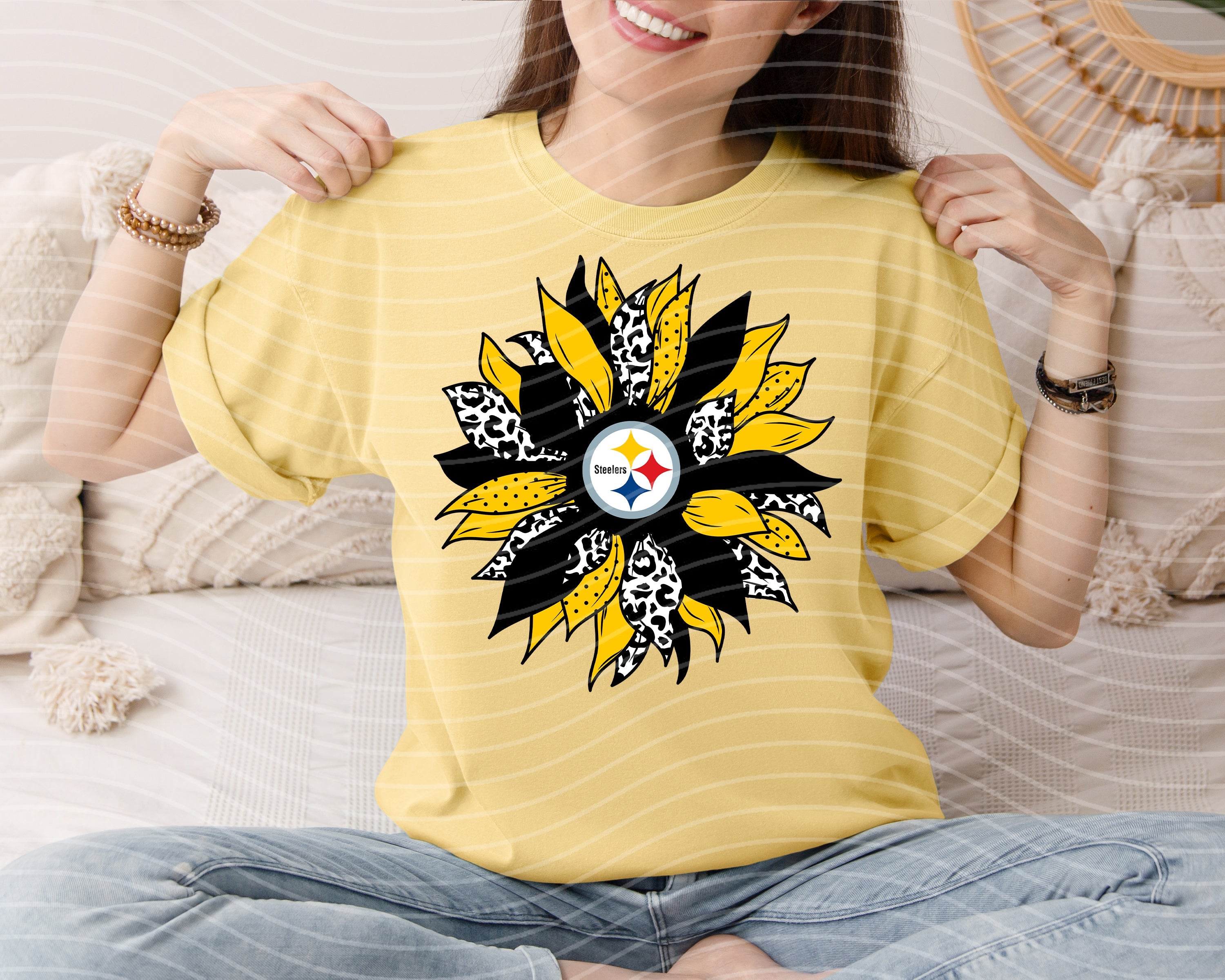Steelers sunflower graphic tee by Anchored Grace Boutique featuring a vibrant sunflower design on a casual cotton t-shirt.