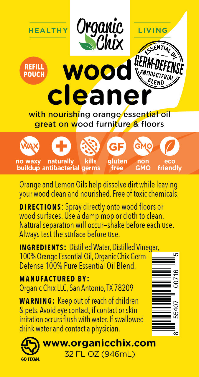 Organic Chix Natural Non-Toxic Wood Cleaner refill bottle, healthy cleaning solution for wood surfaces in a 32oz container.
