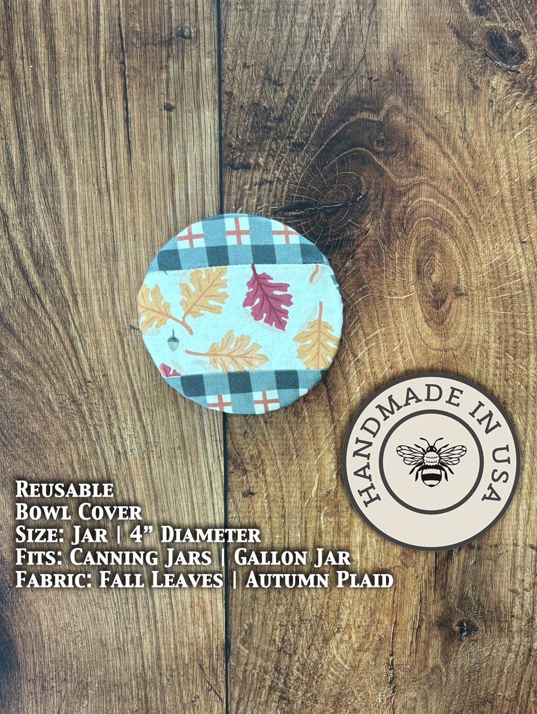 Autumn leaves and plaid jar covers from Five Oaks Farm, perfect for preserving a rustic fall farmhouse look.