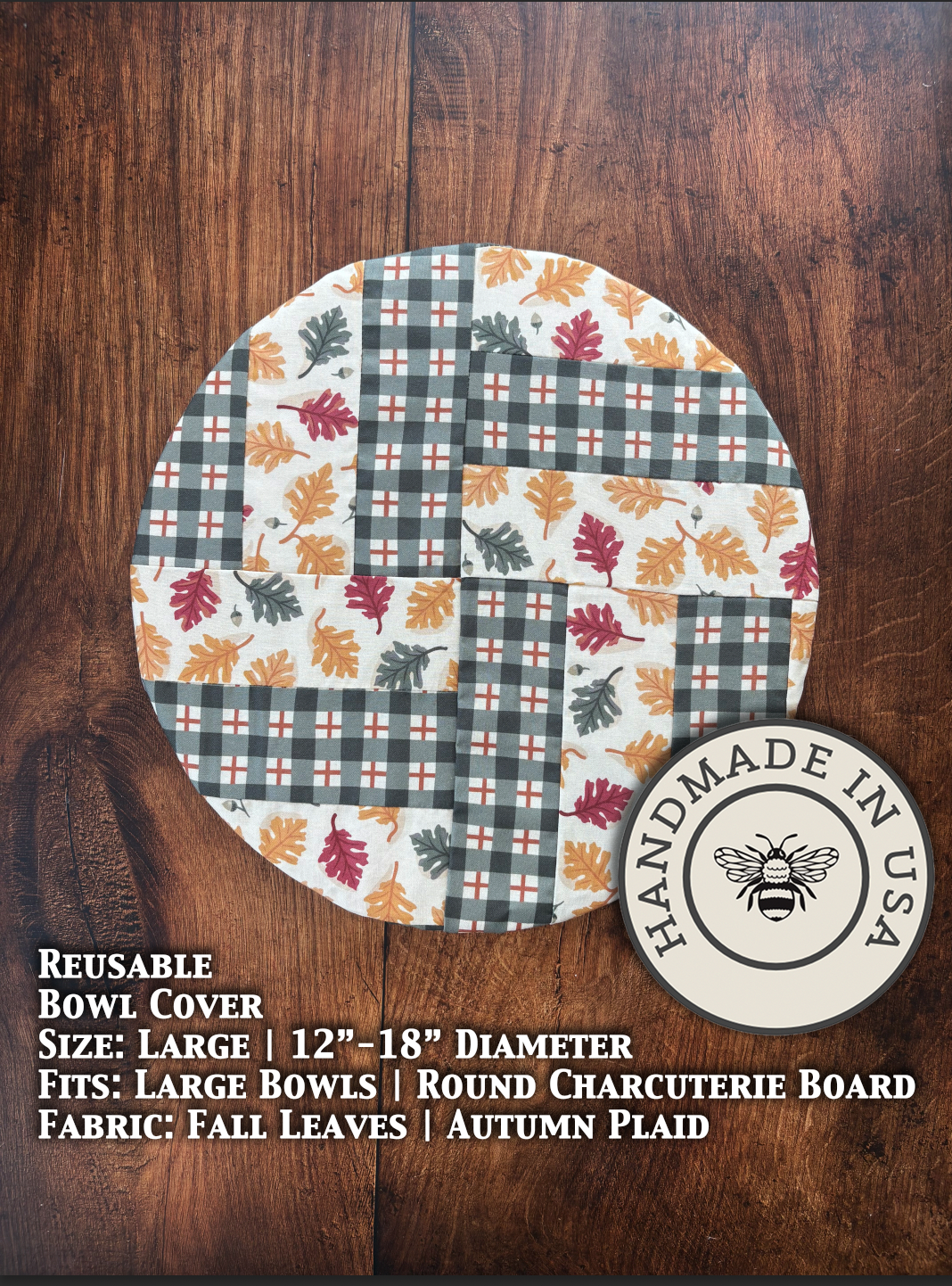 Large fall leaf and plaid fabric bowl covers from Five Oaks Farm, ideal for protecting food bowls in autumn.