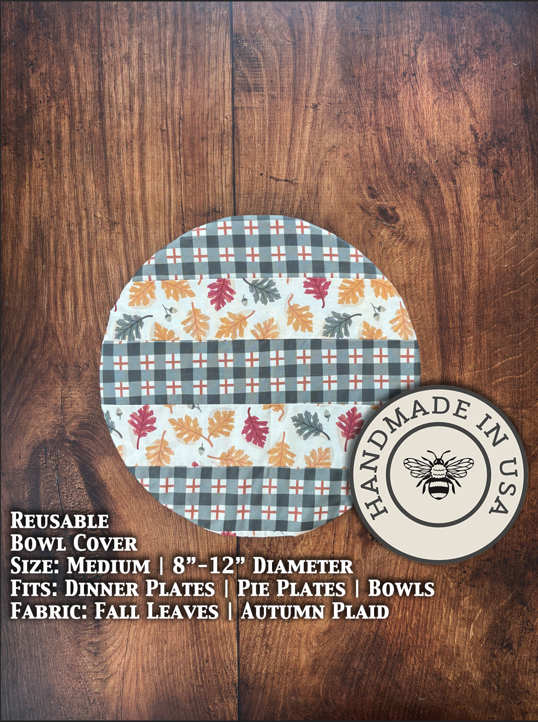 Medium bowl and banneton covers from Five Oaks Farm with autumn leaves and plaid design for fall baking.
