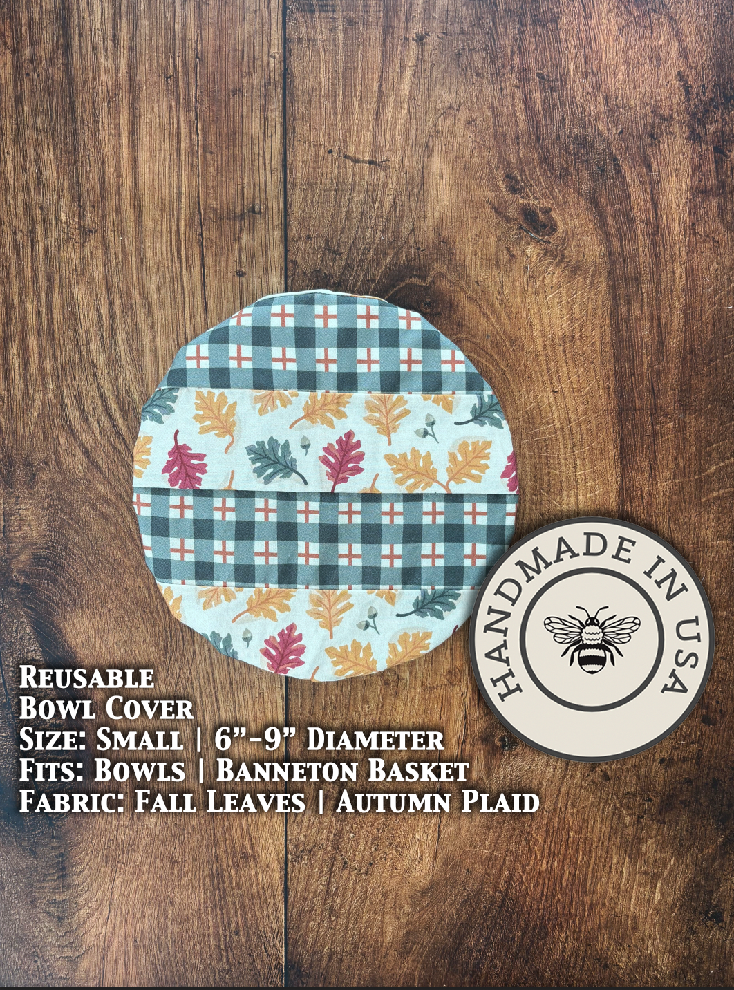Small bowl and banneton covers with autumn leaves and plaid pattern from Five Oaks Farm, perfect for baking in fall.