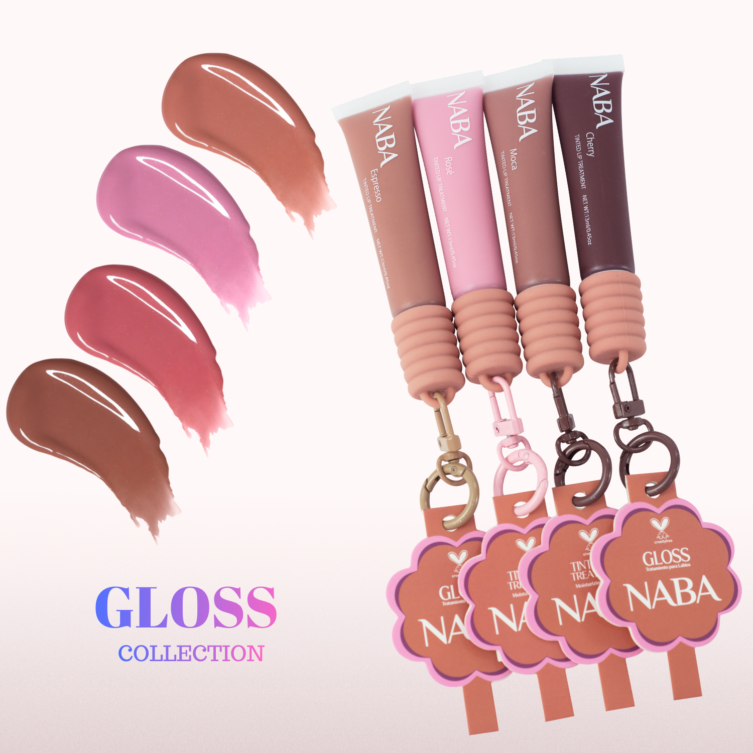 Set of four NABA Cosmetics USA lipglosses in various shades, featuring glossy finishes and sleek packaging.