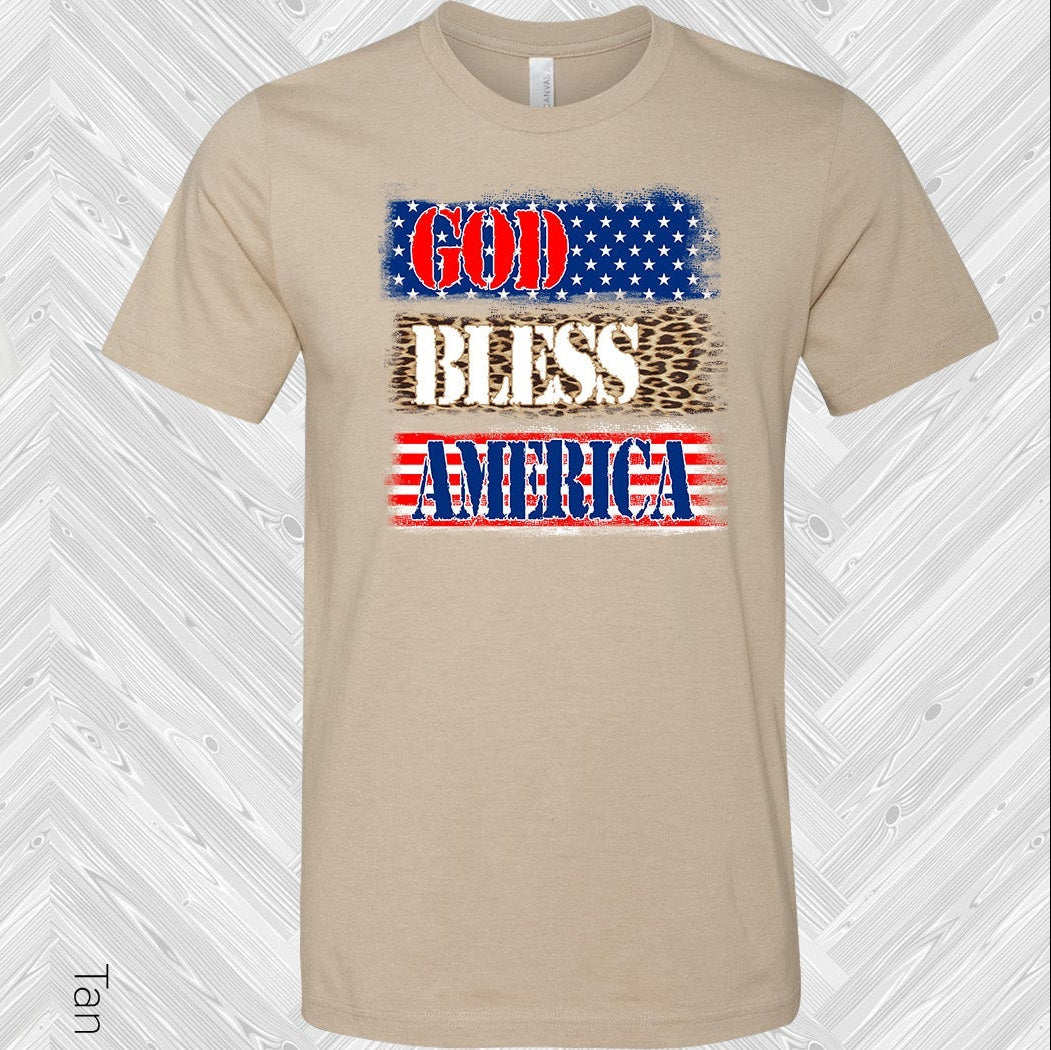 Black graphic tee from Anchored Grace Boutique with "God Bless America" design and patriotic flag imagery.