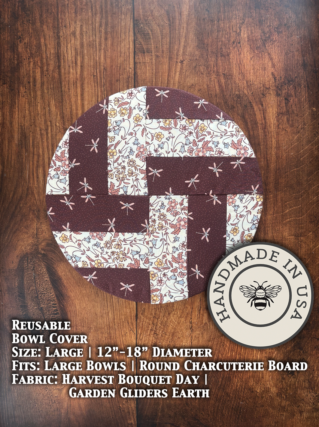 Large bowl covers from Five Oaks Farm featuring harvest-themed design, ideal for protecting bowls during outdoor gatherings.