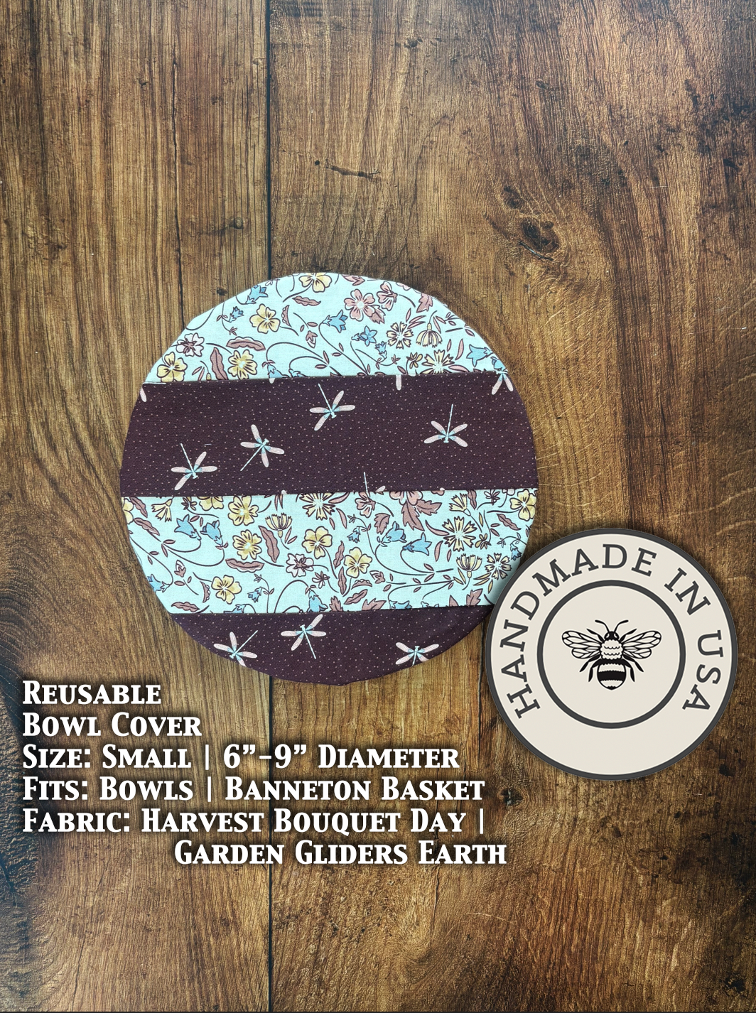 Small bowl and banneton covers from Five Oaks Farm, featuring a harvest bouquet and garden-themed design.