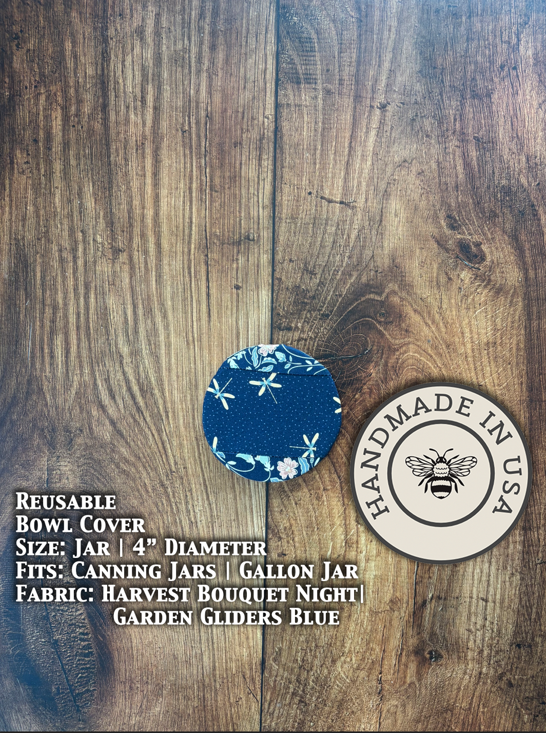 Blue jar cover from the Farm by Five Oaks Farm, part of the Harvest Bouquest Night Garden Gliders collection.