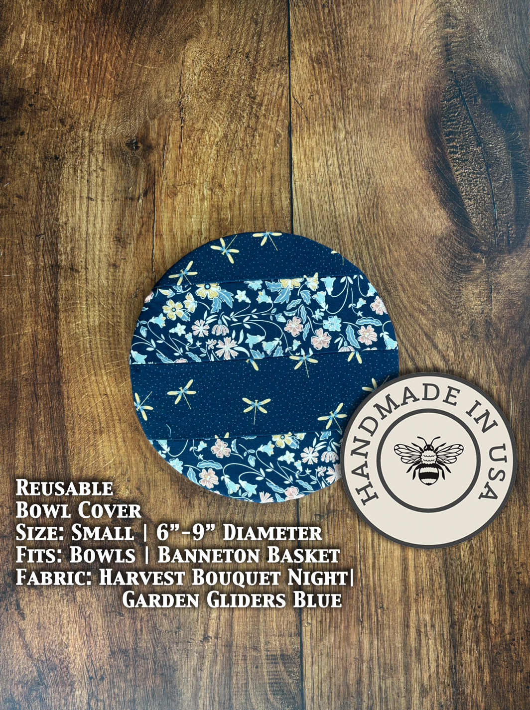 Small bowl and banneton covers from Five Oaks Farm, with a night garden harvest bouquet and blue garden gliders.