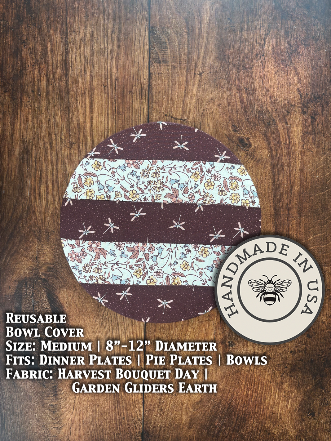 Medium bowl and banneton covers from Five Oaks Farm with a harvest bouquet and garden-themed design.