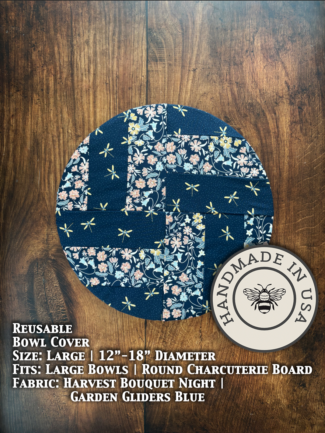 Large Blue Bowl Cover from Five Oaks Farm's From the Farm collection, featuring a harvest bouquet night garden design.