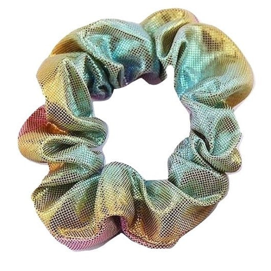 Set of three holographic mini scrunchies from The Bullish Store, shiny accessories for hair styling.
