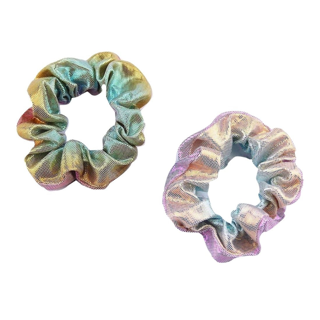 Holographic mini scrunchie set of accessories featuring shiny, iridescent fabric in various colors, perfect for styling hair.