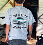 Blue Chevy car with "Get In B*tch, I found a deal on Marketplace" graphic t-shirt by Shop Karma Tees.