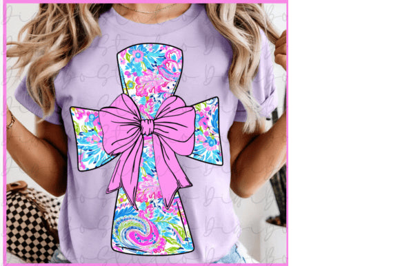 Floral cross graphic tee from Anchored Grace Boutique featuring a colorful floral and cross design on soft cotton fabric.