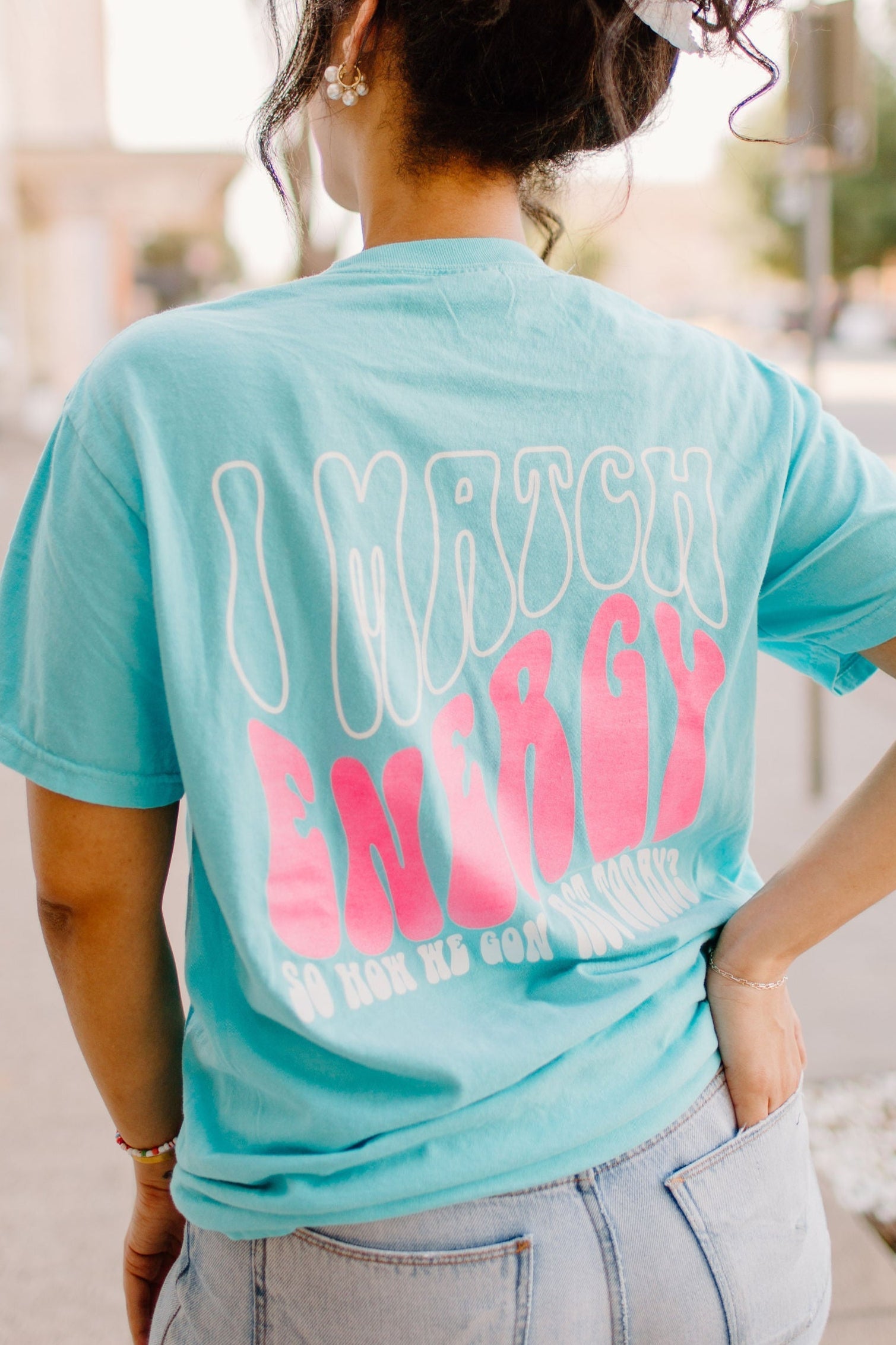 Black I Match Energy graphic T-shirt by Shop Karma Tees, featuring bold energy-themed design on soft cotton fabric.