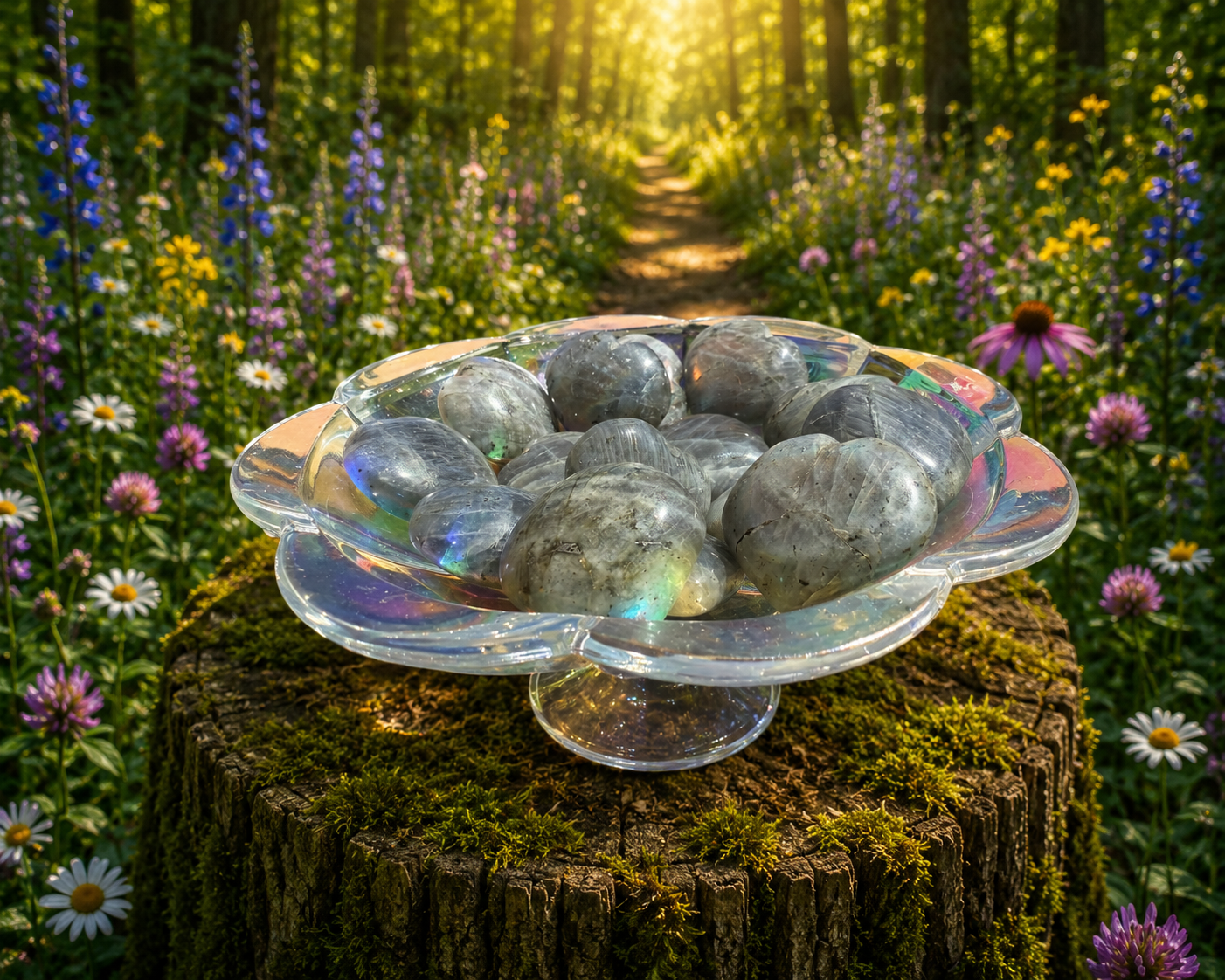 Labradorite heart-shaped gemstone from 1 Practical Magic Store, showcasing iridescent blue and green hues on a smooth polished surface.