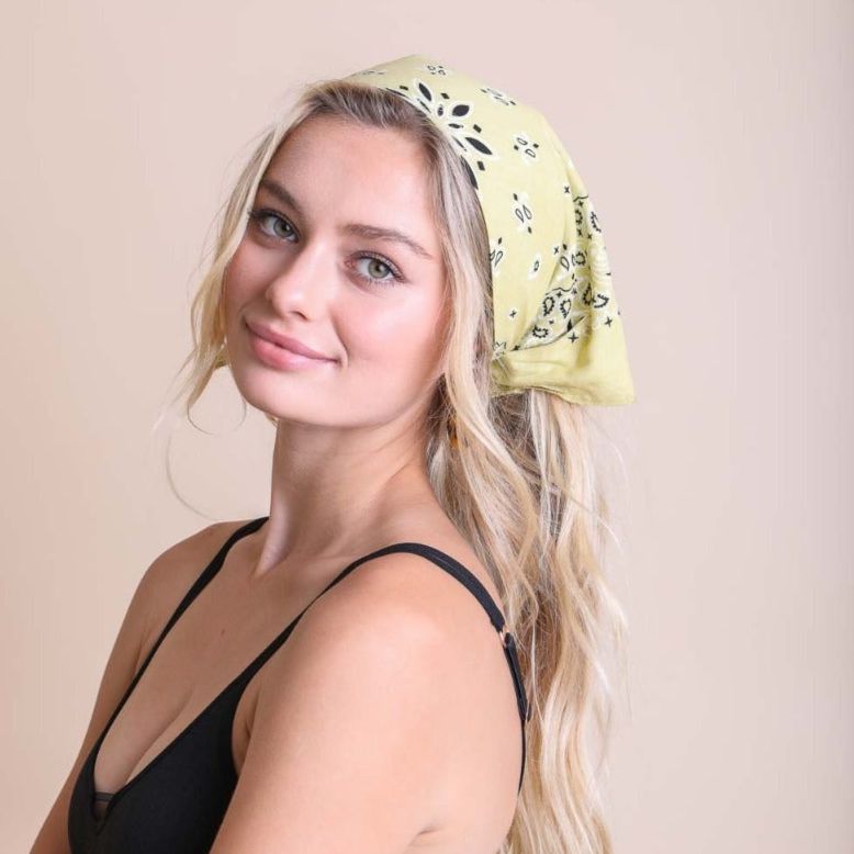 Lemon muted color boho hair scarf and headwrap by The Bullish Store, stylish bandana for hair and head accessories.