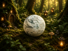 Large Moss Agate sphere with green and earthy patterns, showcasing smooth, polished gemstone surface.