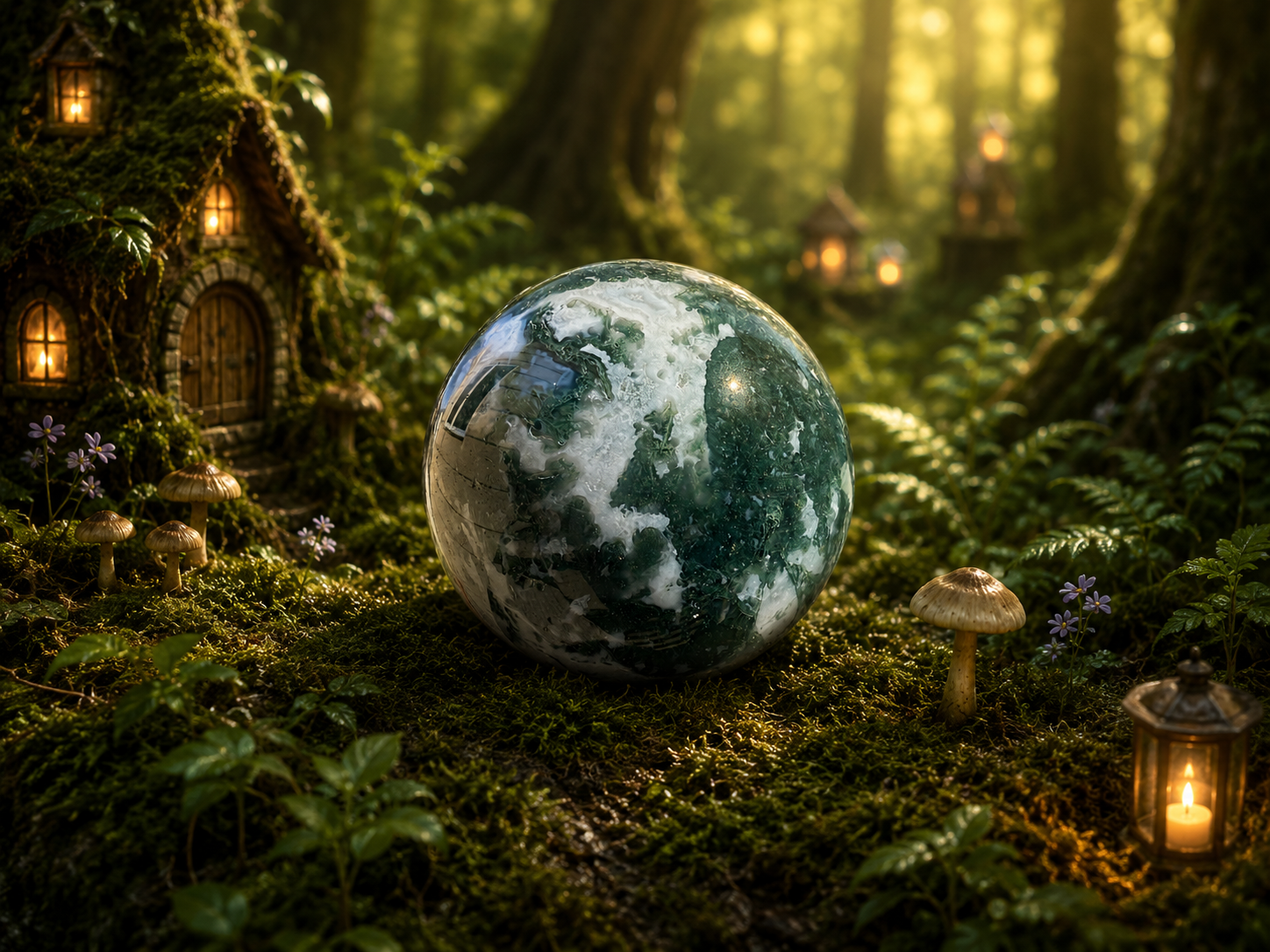 Medium moss agate sphere from 1 Practical Magic Store showing its green and brown mineral patterns and polished smooth surface.