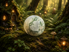 Medium moss agate sphere with green and brown natural patterns, showcasing the unique gemstone's earthy appearance.