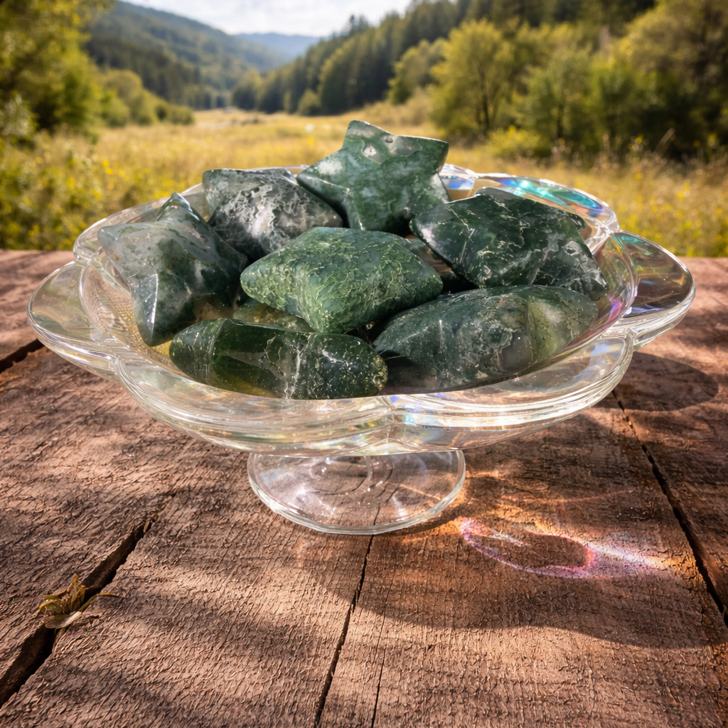 Natural moss agate stars gemstone set with green and brown moss patterns, polished and smooth for jewelry or collection.