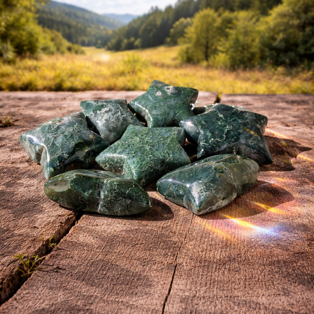 Green moss agate star-shaped gemstone beads with natural patterns, arranged in a cluster on a neutral background.
