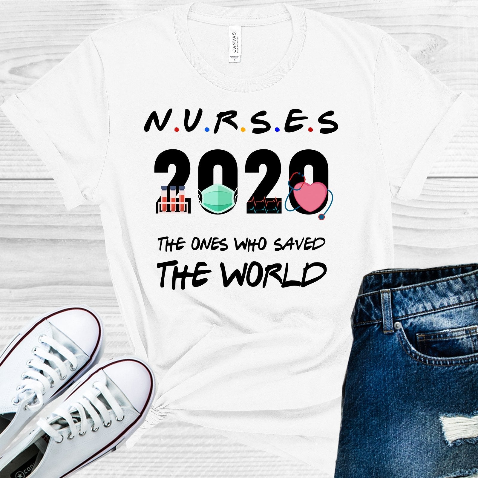 Nurses 2020 graphic tee by Anchored Grace Boutique featuring a design honoring healthcare heroes during the pandemic.