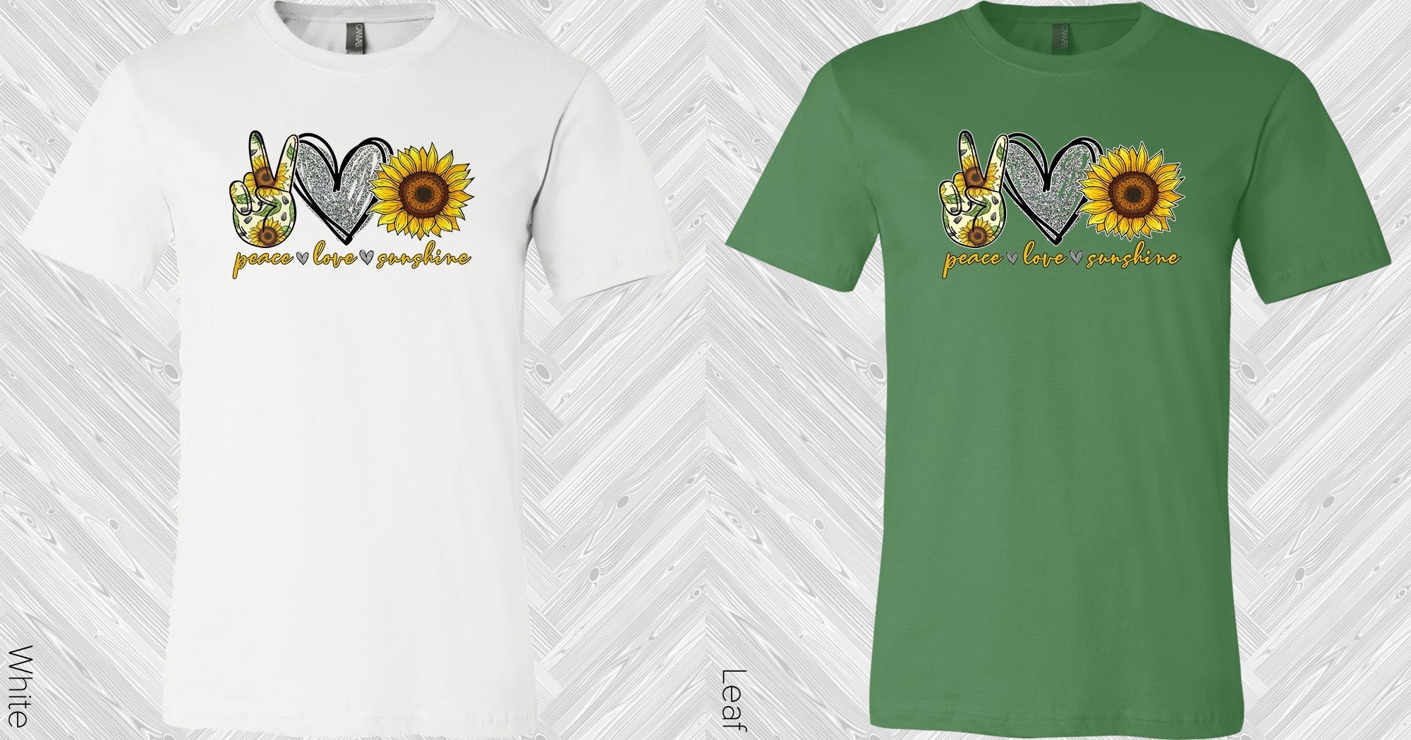 Peace Love Sunshine graphic tee by Anchored Grace Boutique featuring a colorful, sunny design on soft fabric.