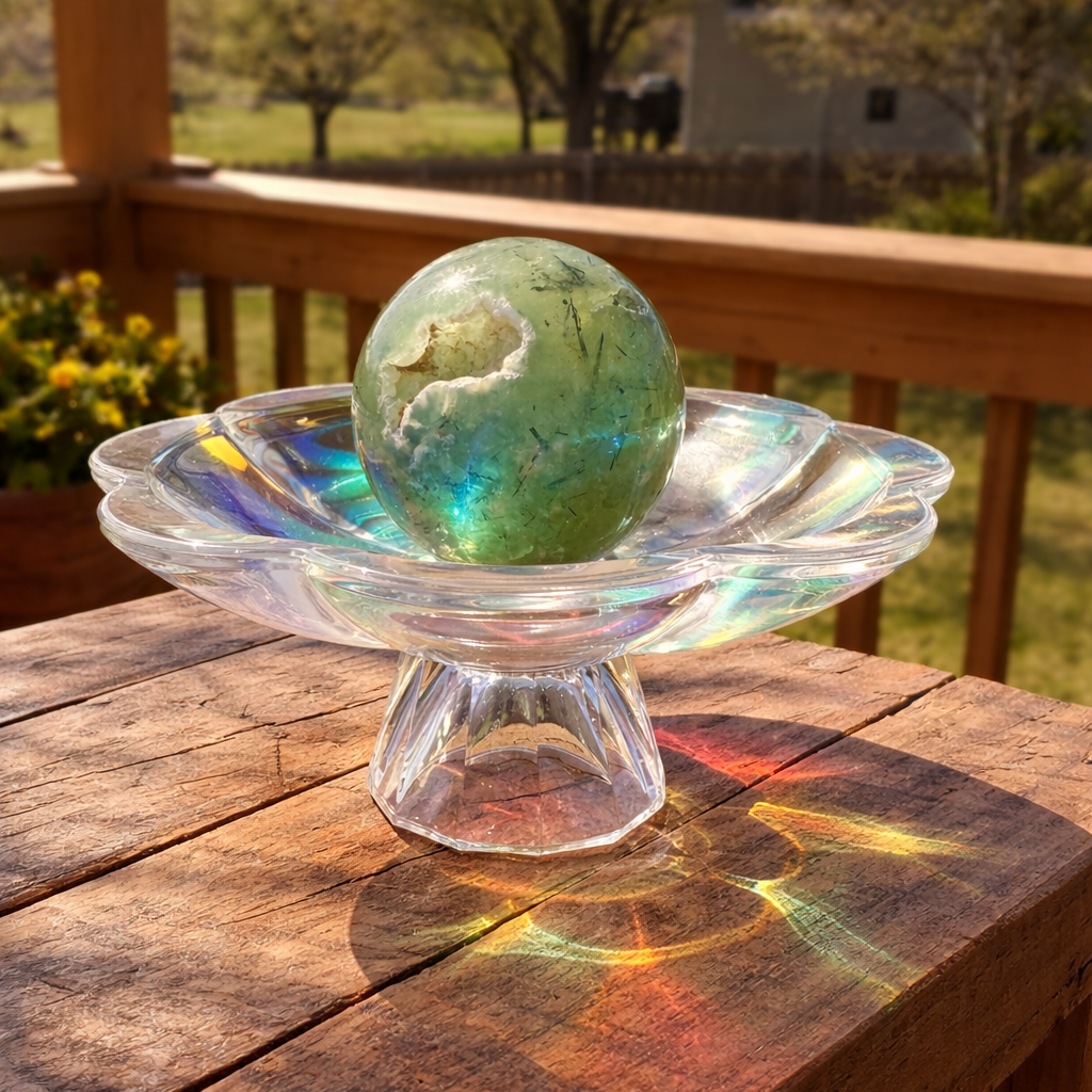 Prehnite with epidote mineral sphere, polished gemstone with green hues and natural inclusions, decorative mineral specimen.