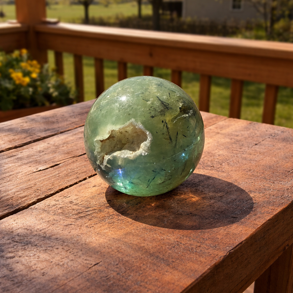 Prehnite with epidote gemstone sphere showcasing green mineral inclusions and polished surface, natural mineral specimen.