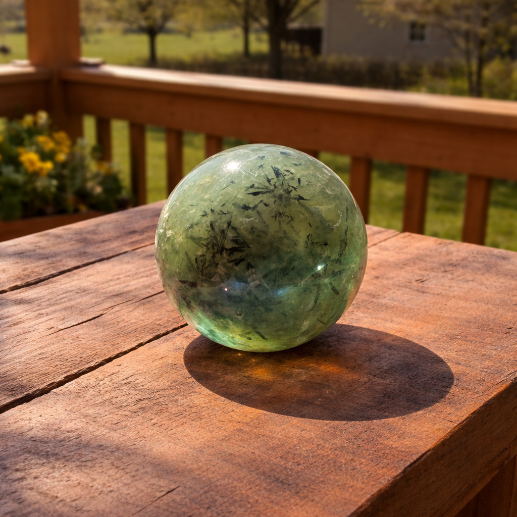 Prehnite with epidote gemstone sphere showcasing green mineral formations, polished and smooth for display or collection.