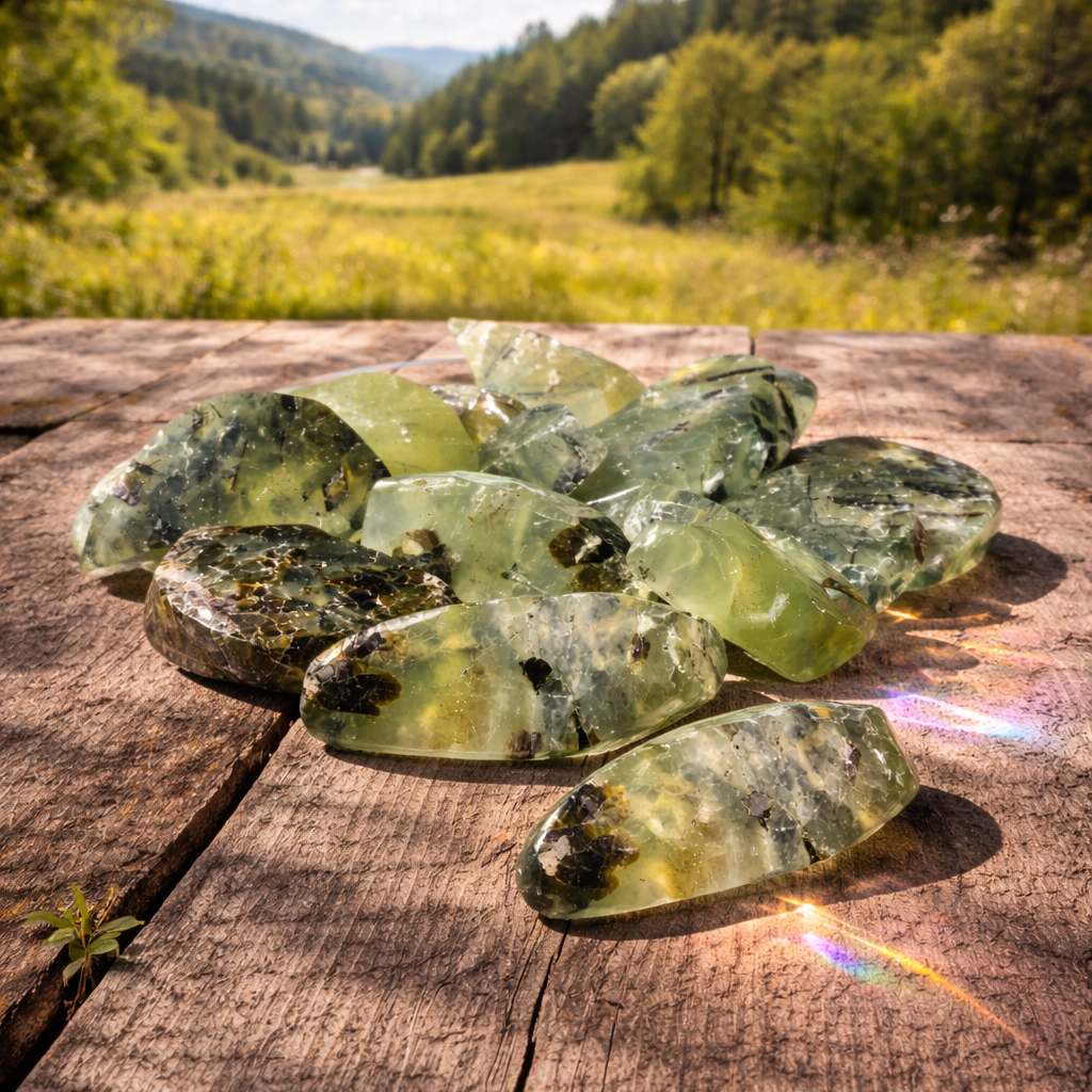 Prehnite with epidote gemstone moon pendant featuring crescent moon shape, polished green mineral jewelry piece.