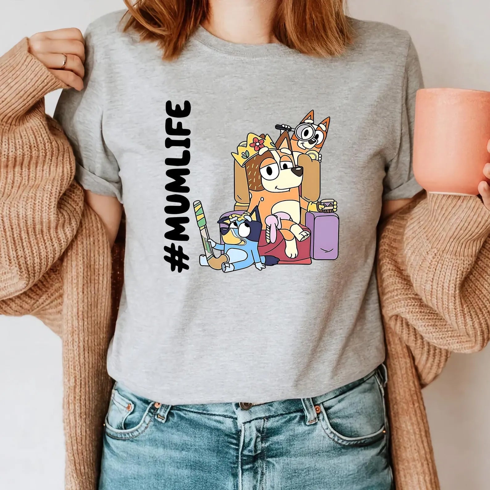 Blue dog graphic tee from Anchored Grace Boutique featuring "mumlife" design, casual short-sleeve t-shirt for pet lovers.