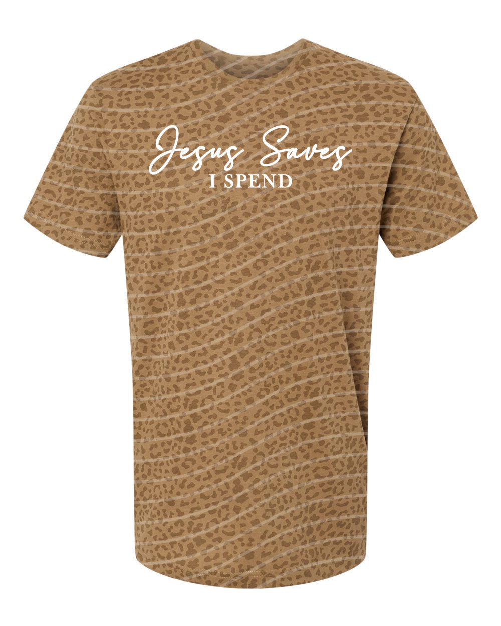 Christian graphic tee by Anchored Grace Boutique featuring "Jesus Saves I Spend" slogan on a casual t-shirt.