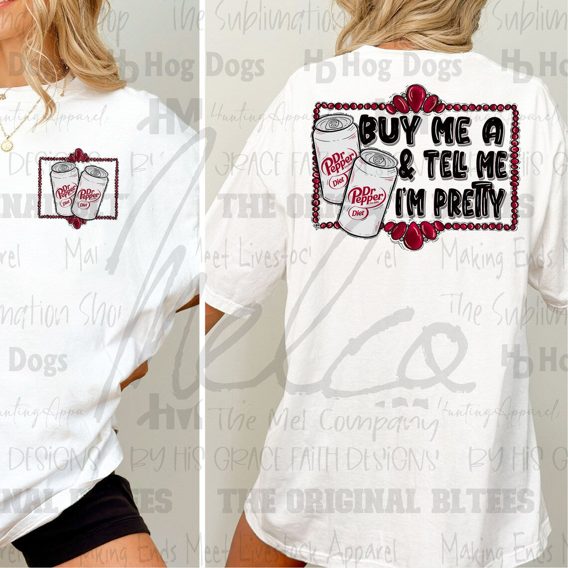 Graphic tee by Anchored Grace Boutique featuring a playful "Buy Me a Diet Dr Pepper & Tell Me I'm Pretty" slogan on soft fabric.