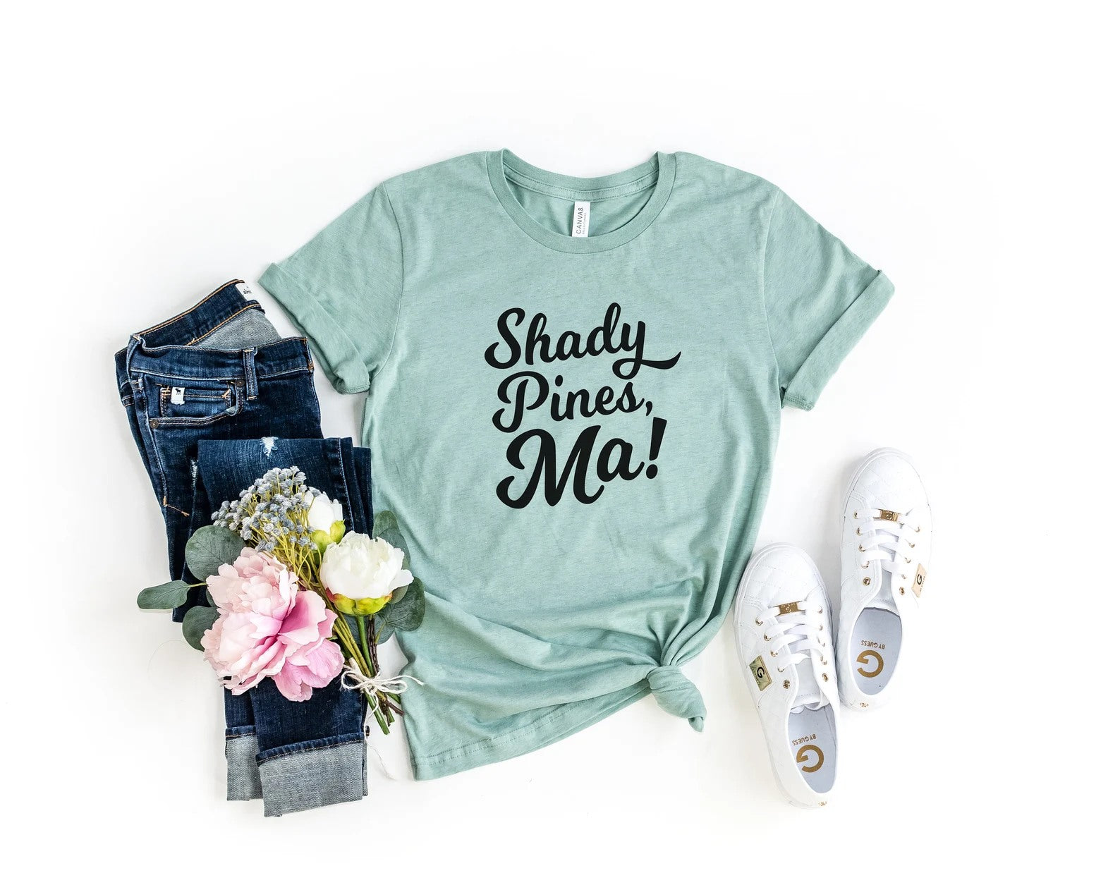 Anchored Grace Boutique Shady Pines Ma graphic tee featuring a stylish printed design on soft cotton fabric.