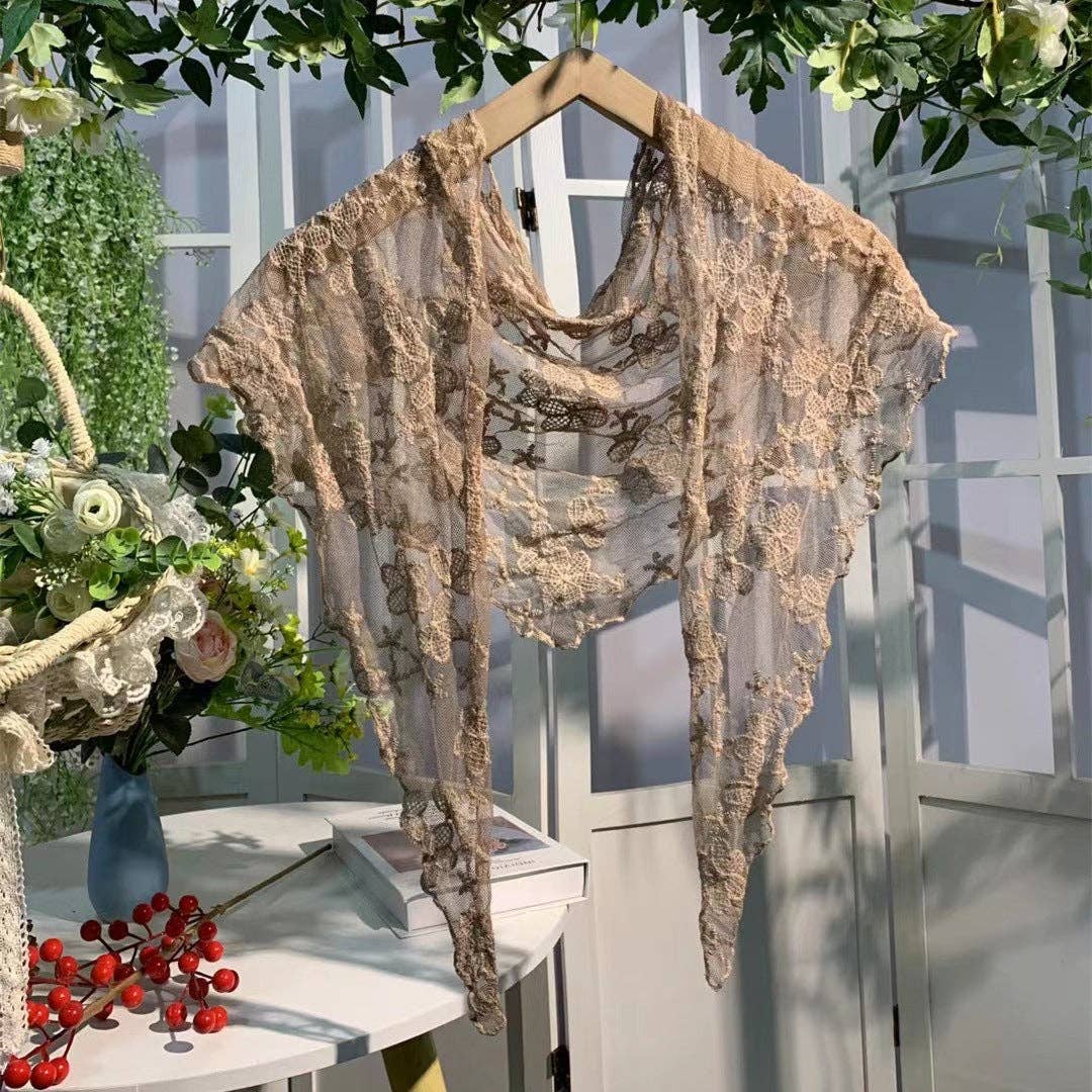 Elegant floral lace shawl with embroidered blossom design, perfect as a small scarf or shrug from The Bullish Store.