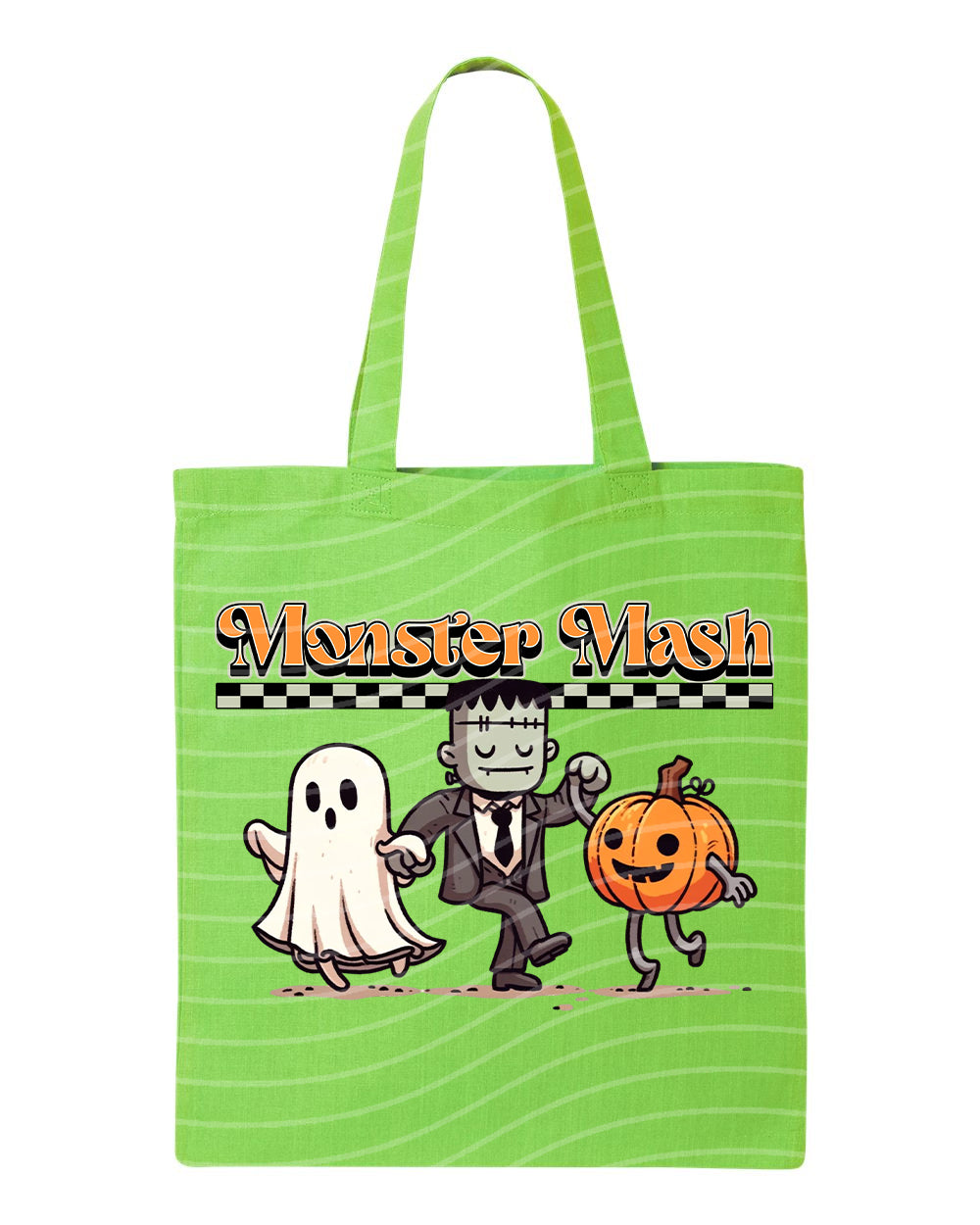 Anchored Grace Boutique Monster Mash tote bag with Halloween-themed design, featuring vibrant colors and sturdy fabric.