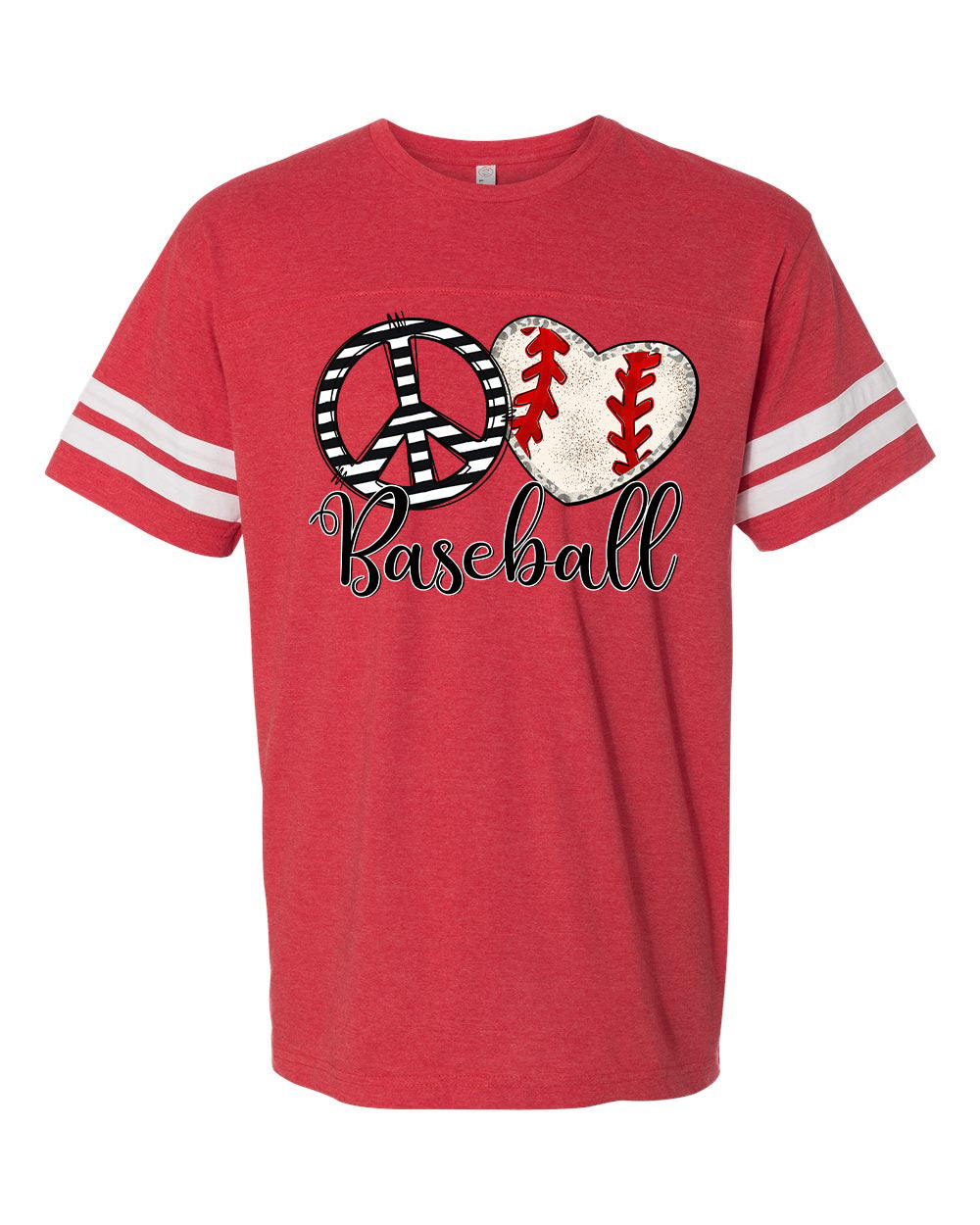 Peace Love baseball graphic tee by Anchored Grace Boutique featuring a colorful peace sign and heart design on soft cotton fabric.