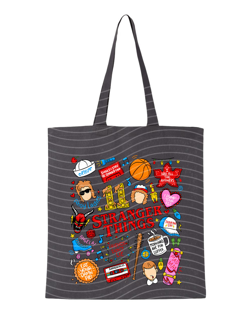 Stranger Things tote bag by Anchored Grace Boutique featuring a graphic design with characters and logo on fabric tote bag.