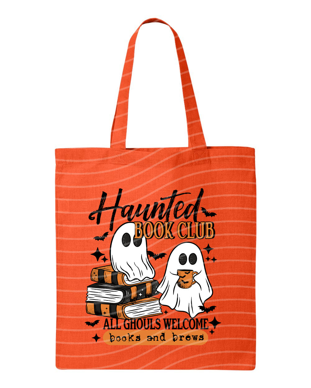 Anchored Grace Boutique Haunted Book Club tote bag with spooky book and ghost design on black fabric, shoulder strap, casual style