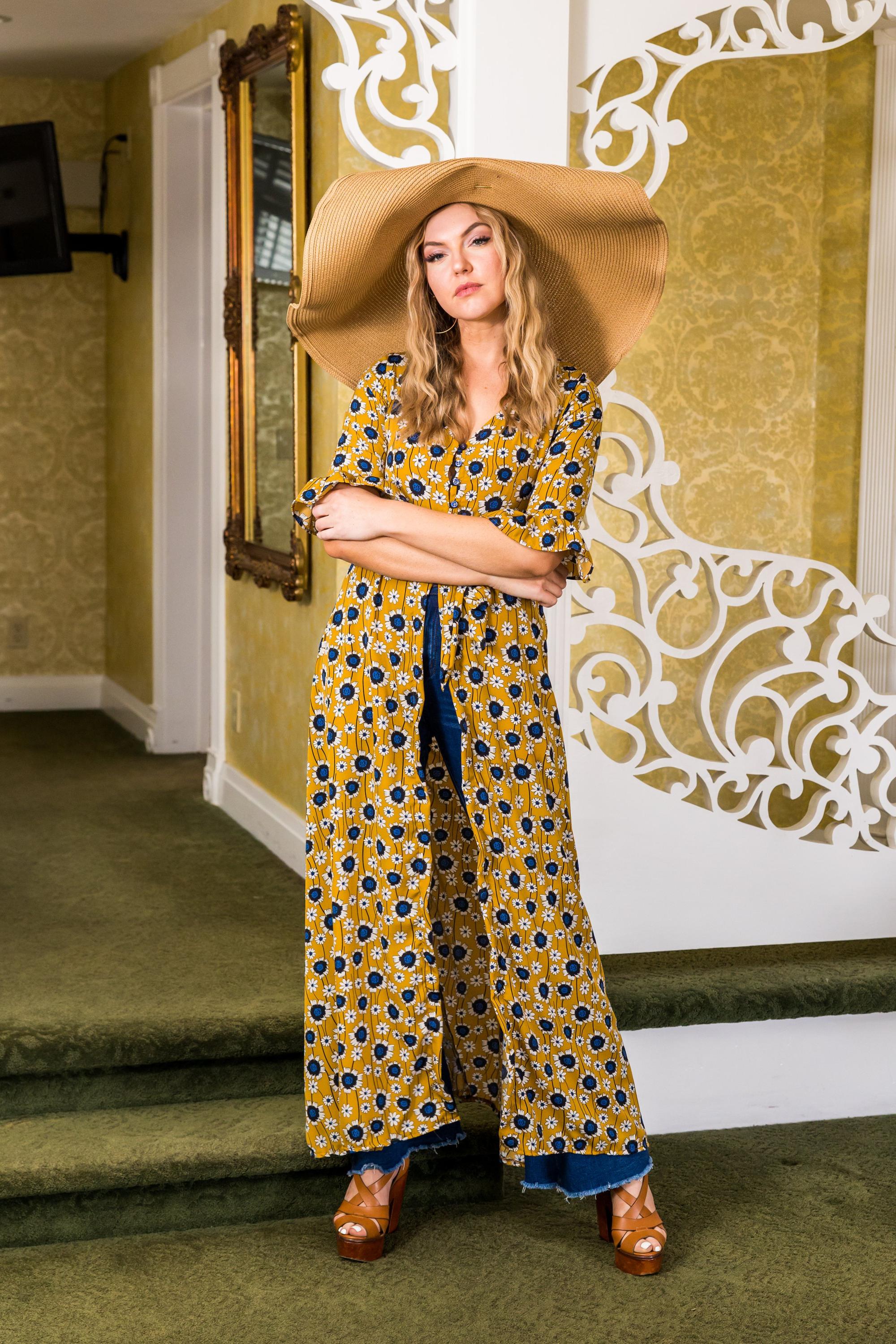 Handmade sunflower dressing gown in gold by Jennafer Grace, soft fabric with floral sunflower design and elegant style.